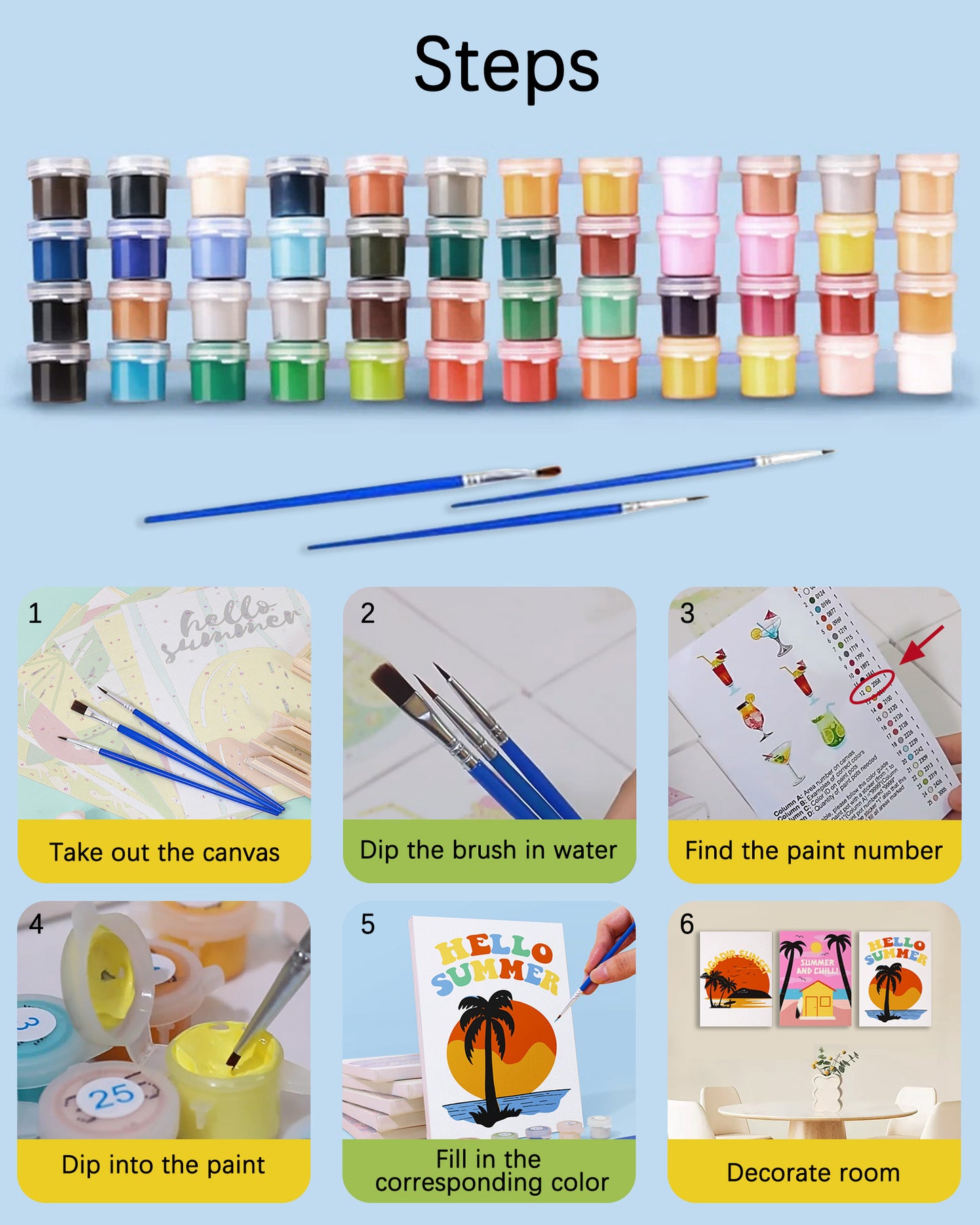 6 Pack Paint by Numbers Kits (Summer Beach)